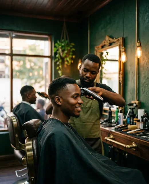 A barber giving a young man a fresh fade