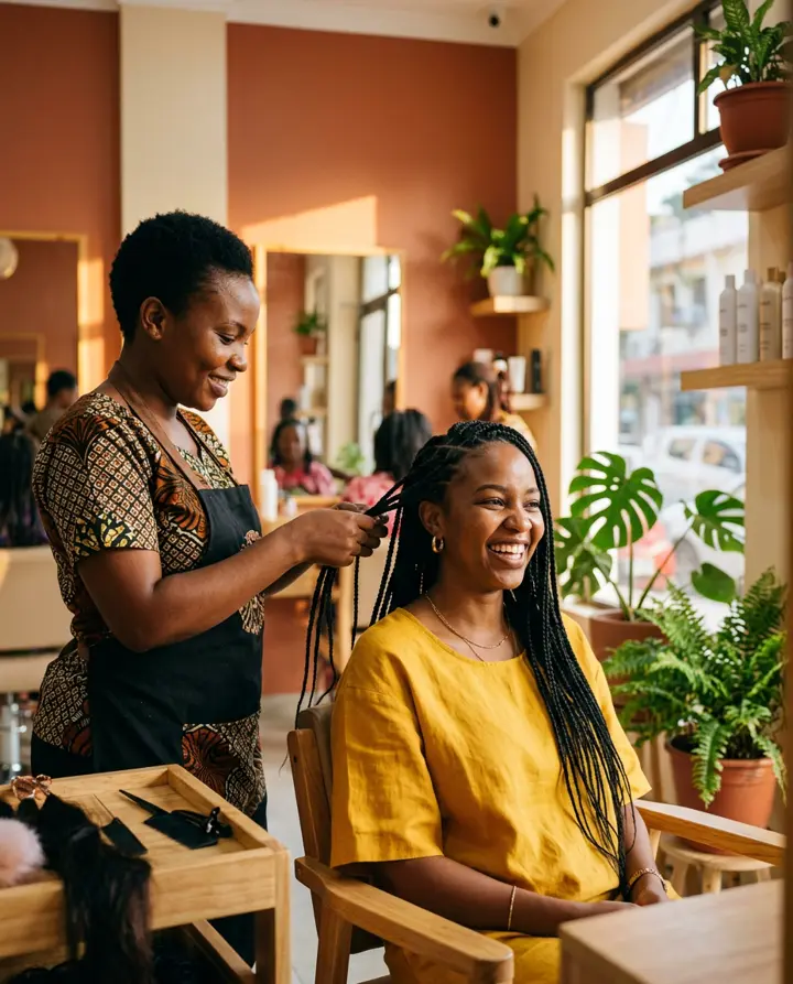 A stylist braiding a smiling customer's hair in a bright Dar es Salaam salon